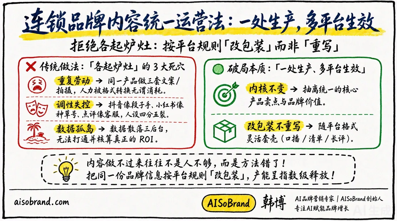 连锁品牌内容一处生产、多平台生效：抖音/小红书/大众点评统一运营法