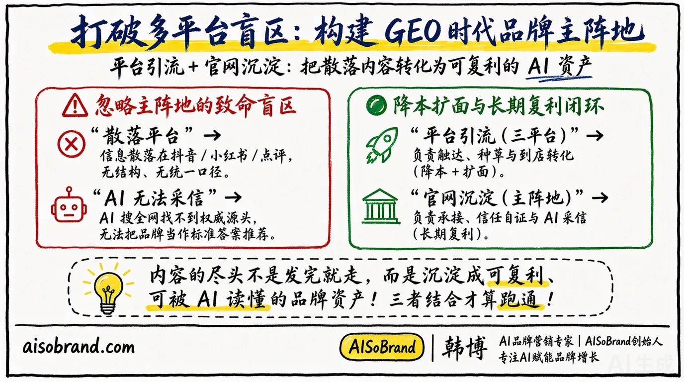 打破多平台盲区：散落平台信息无结构、AI无法采信，平台引流（三平台降本扩面）与官网沉淀（主阵地长期复利）结合，构建GEO时代品牌主阵地