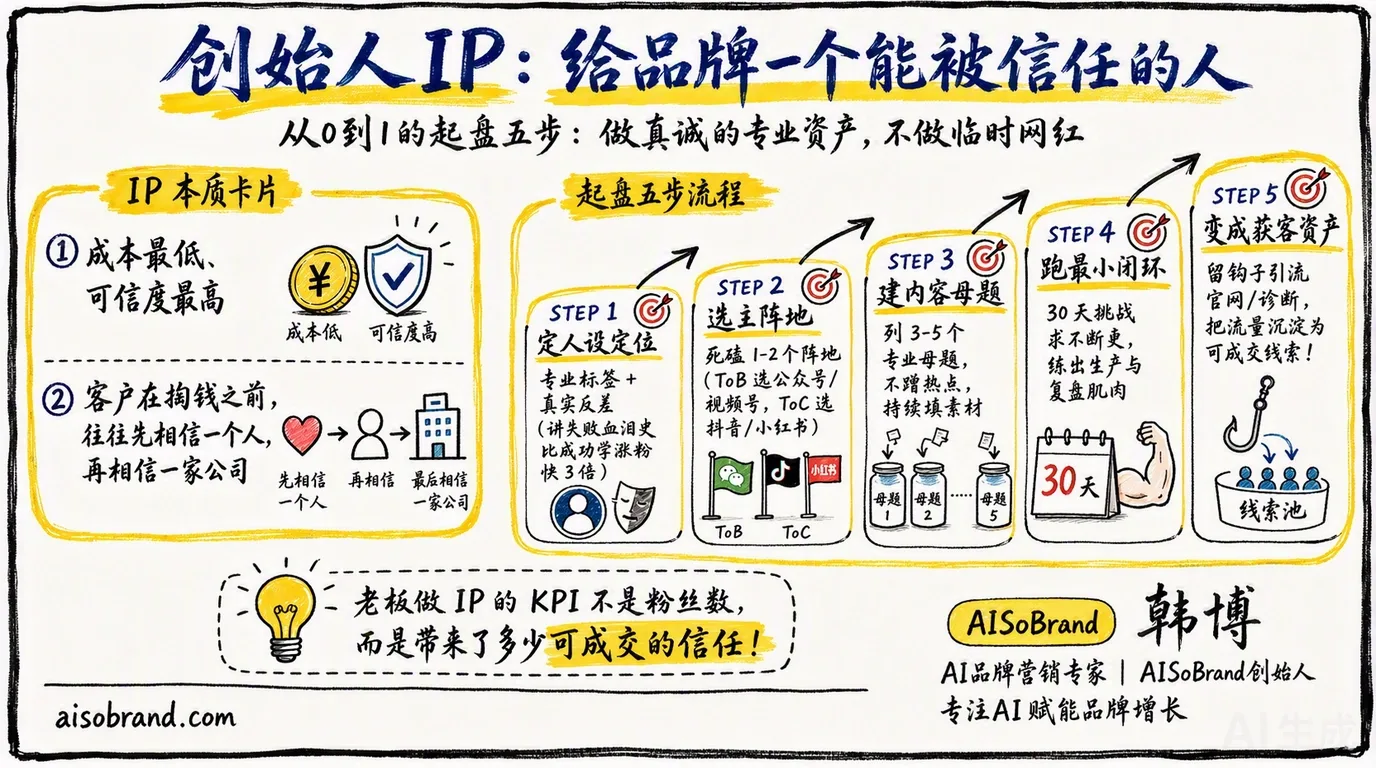 创始人IP从0到1起盘五步总览：定人设定位、选主阵地、建内容母题、跑最小闭环、变成获客资产