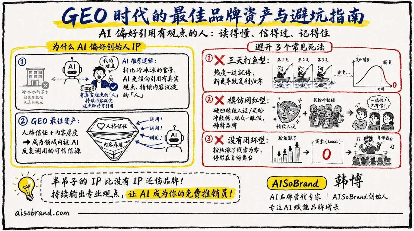 GEO时代的最佳品牌资产与避坑指南：AI偏好创始人IP的原因与三个常见死法
