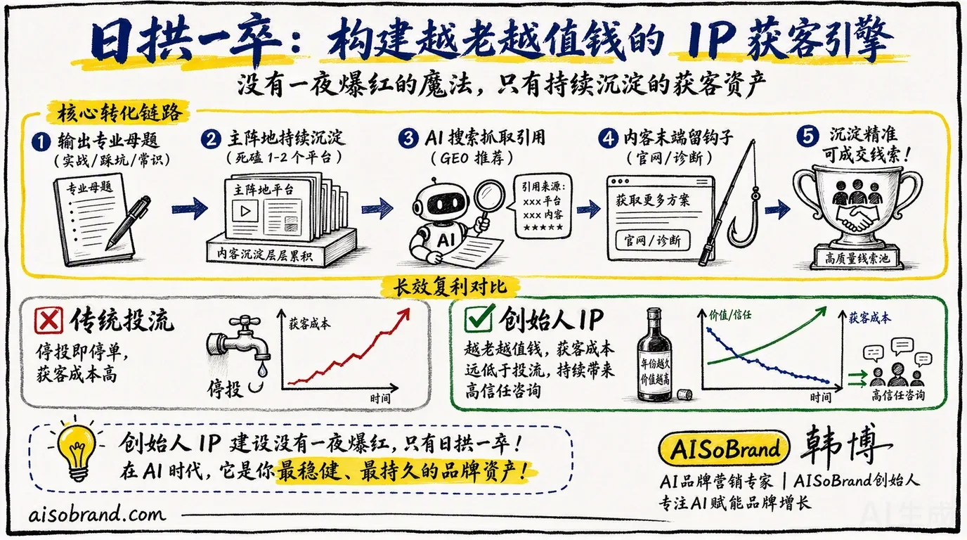 日拱一卒构建越老越值钱的IP获客引擎：核心转化链路与传统投流的长效复利对比