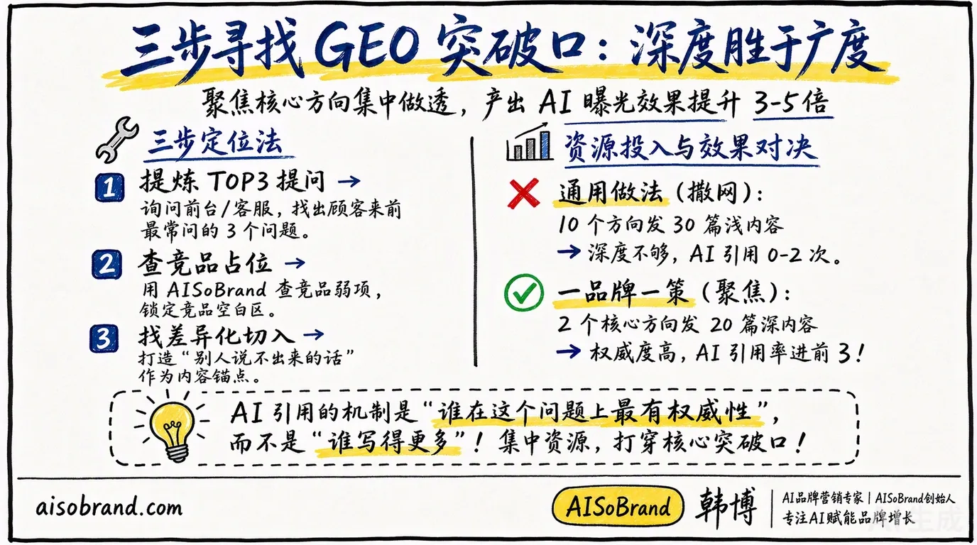 三步寻找GEO突破口：提炼TOP3提问、查竞品占位、找差异化切入；通用做法撒网30篇浅内容AI引用0-2次，一品牌一策聚焦20-30篇深内容AI引用率进前3