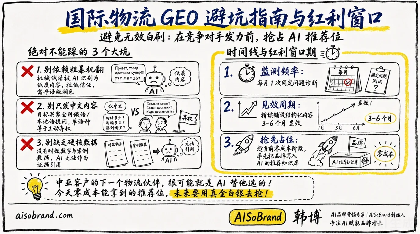 国际物流GEO避坑指南与红利窗口：三个大坑（机翻、只发中文、缺时效数据）绝不能踩，内容铺设3-6个月见效，抢先占位零成本