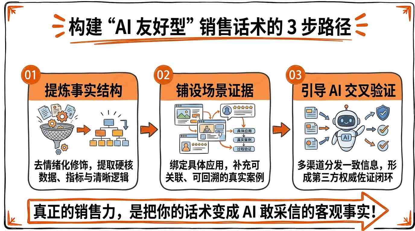 构建AI友好型销售话术的三步路径——提炼事实结构、铺设场景证据、引导AI交叉验证