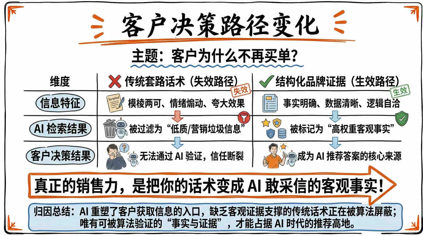 客户决策路径变化对比——传统套路话术被AI过滤导致信任断裂，结构化品牌证据被AI标记推荐